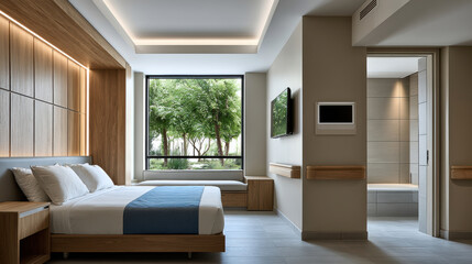 Fototapeta premium Modern hotel room with large window, wooden accents, king bed, blue blanket, wall mounted TV, and garden view, peaceful atmosphere