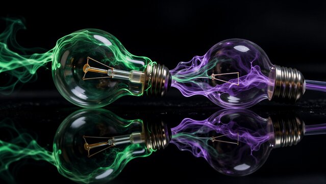 Two glowing light bulbs with green and purple plasma effects, mirrored on a dark surface.