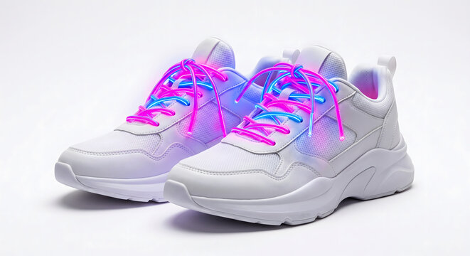 Pair of white sneakers with glowing pink and blue neon