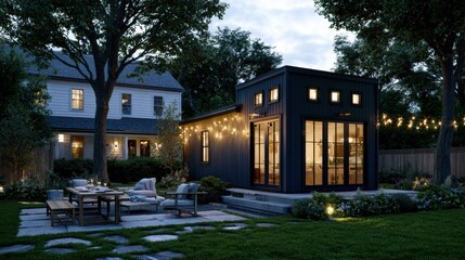 Obraz premium A backyard studio home shines softly at dusk behind a family house. The scene includes a cozy garden with seating and a table.