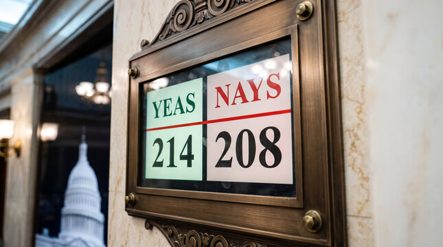 Voting tally board showing yeas and nays results at the United States Capitol. Electronic vote count display for legislative session. Government decision and political policy process.