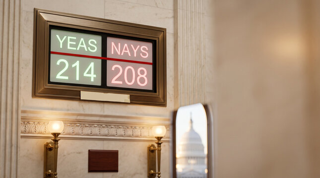 Electronic voting tally board for legislative session inside government building. Legislative outcome showing yeas and nays count for policy resolution or foreign trade tariff law.