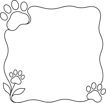 Cute hand drawn paw print frame line art on transparent background