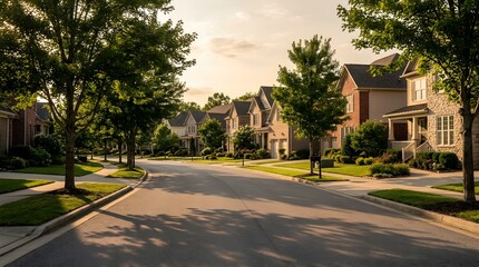 Fototapeta premium Peaceful suburban neighborhood street during golden hour