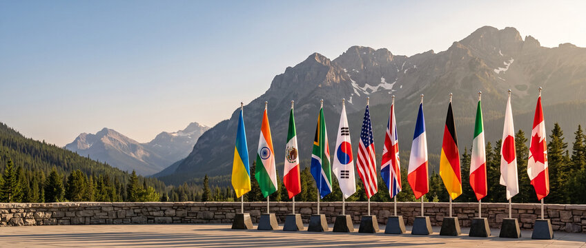 Flags of G7 member nations and guest countries arranged in row against mountain landscape. International summit diplomacy and global cooperation concept. Unity and political alliance.