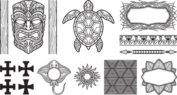 Polynesian inspired tribal tattoo set including tiki masks, sea turtle, stingray, sun, and geometric patterns in black and white