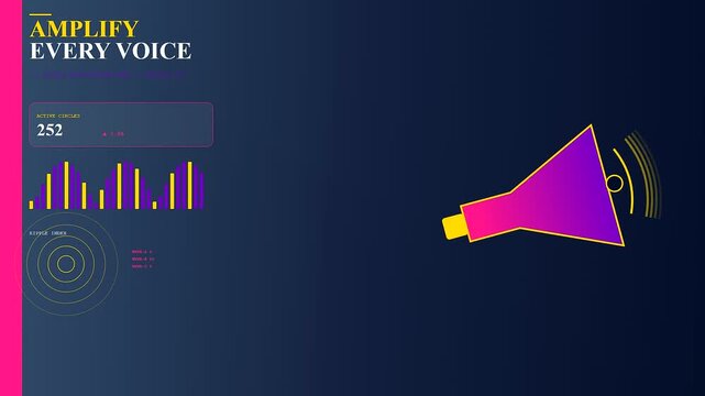 An innovative realtime trend visualization interface presents social media engagement metrics alongside a vibrant purple megaphone icon that is broadcasting golden audio signals.