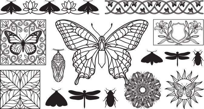 Set of deco style butterfly and dragonfly with floral borders and geometric patterns on white background