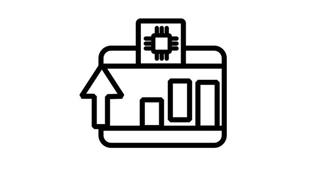 Smart Financial Growth Animated Icon. Animated vector icon displaying bar chart with microchip processor and rising arrow for high tech financial growth footage.