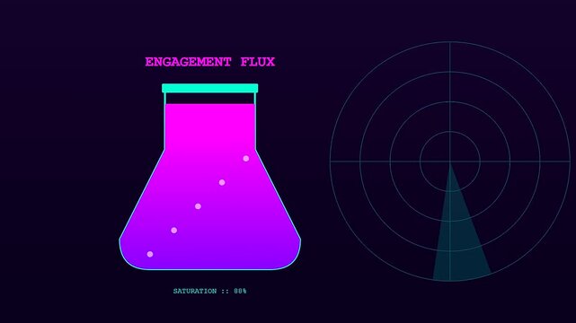 This dynamic motion graphic showcases a Realtime Trend Visualization using animated flasks and radar sweeps to monitor digital engagement flux within a futuristic neon interface