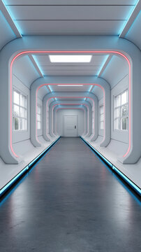 Futuristic corridor with neon blue and pink lights, white walls, windows, and closed door, creating modern sci fi atmosphere