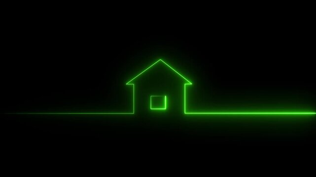 Modern neon house line icon animation featuring a glowing blue home symbol. Represents real estate, residential property, home ownership, housing, smart home, mortgage, and property