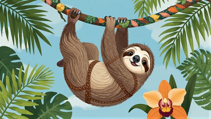 Fototapeta premium A happy sloth hangs from a vine in a vibrant jungle with flowers and leaves.