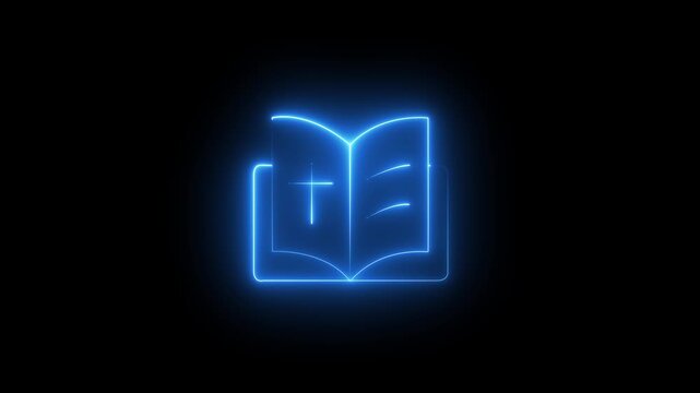 line prayer book UI icon animation on a transparent alpha channel background. The icon features a clean outline of a holy book with a check mark, glowing white stroke, and smooth