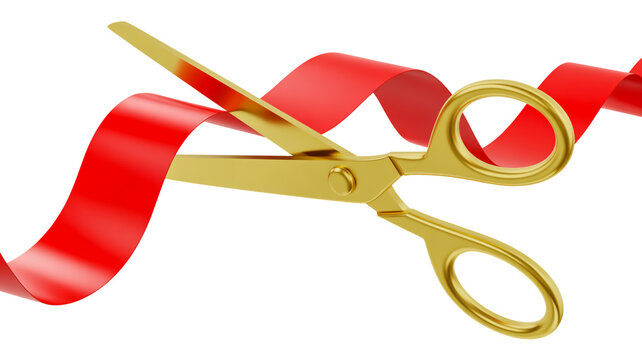 A 3D Rendered Image of Gold Scissors Cutting a Red Ribbon for a Grand Opening Ceremony Celebration Concept