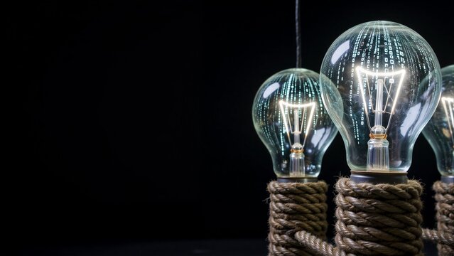 Glowing light bulbs with digital code, wrapped in rope against a dark background.