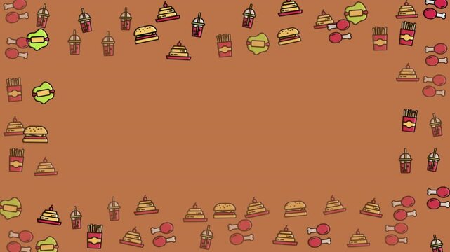 Fast Food Icon Border Seamless Loop on Orange Background