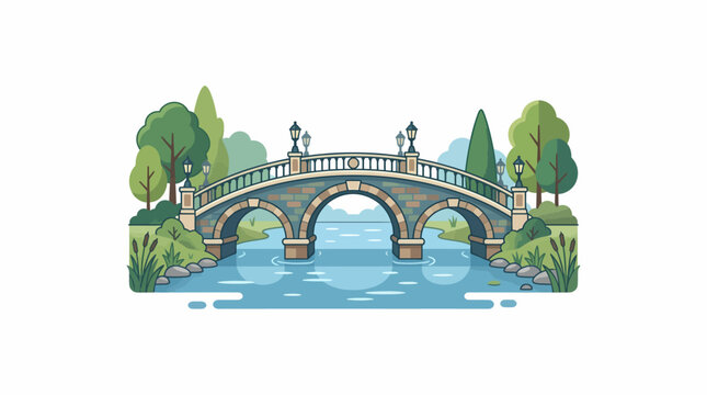 Beautiful Stone Arch Bridge Over a Peaceful River in a Lush Green Park Vector Illustration