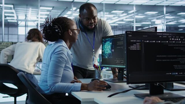 Team leader teaching IT specialist to monitor AI supercomputers involving data center from a secondary camera angle while connecting protected data, access control and server room reliability.