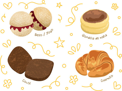dibujo pan de beso o yoyo, gordita de nata, cocol y cuernito panader&iacute;a de M&eacute;xico