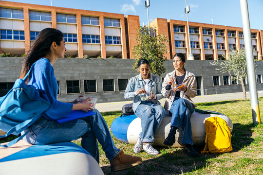 Students relaxing and chatting outdoors on campus lawn
