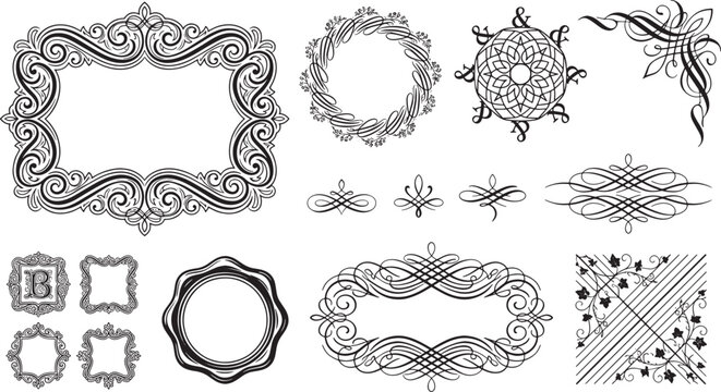 Set of vintage calligraphic frames, decorative borders, ornate corners, and flourishes on a plain white background