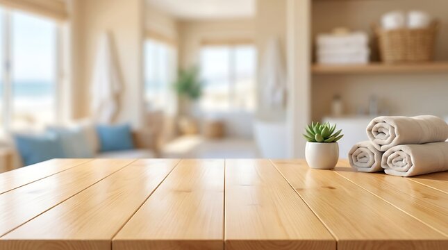 Wooden Table Surface with Rolled Spa Towels and Small Succulent in Bright Beachfront House Interior Background Mockup