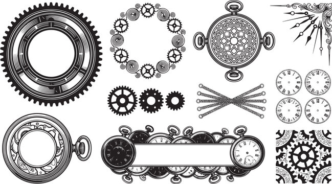 Clockwork and watchmaking collection featuring gears, pocket watches, clock faces, and hands in black and white line style