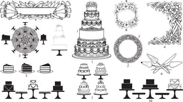 Detailed collection of wedding cake floral wreaths, cake stands, and serving tools on a plain white background