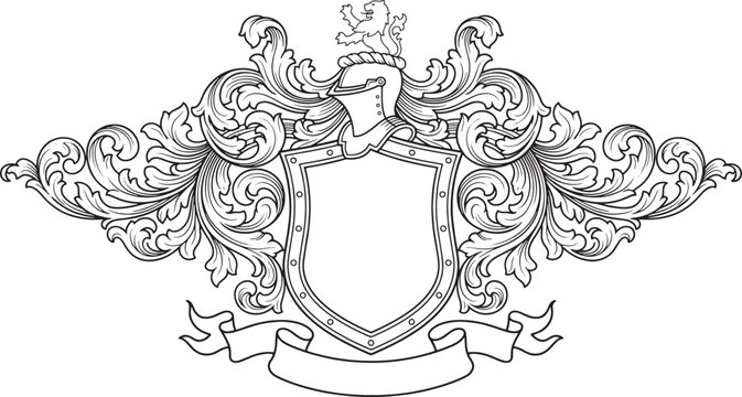 Detailed heraldic shield with a knight helmet, lion crest, and ornate baroque floral scrolls on a white background