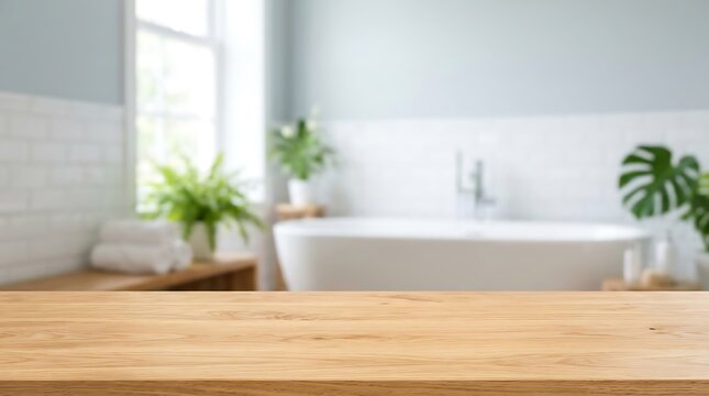 Empty wooden table top on blurred bathroom background with bathtub and green plants for product display mockup scene.