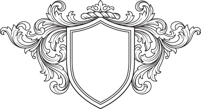 Ornate heraldic shield frame decorated with intricate baroque-style floral scrolls and acanthus leaves in black ink