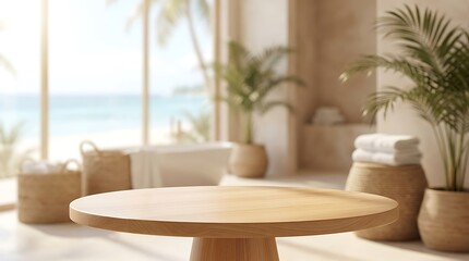 Fototapeta premium Round Wooden Table Podium in Luxury Spa Bathroom for Product Display Mockup with Tropical Beach Ocean View Interior