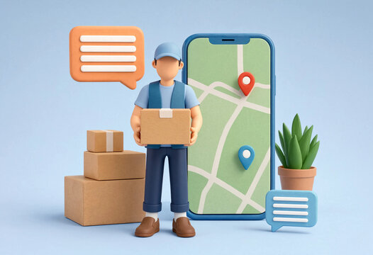 3D Illustration of Modern Delivery Tracking Concept Featuring Courier with Package, Smartphone Map, Location Pins, and Communication Icons
