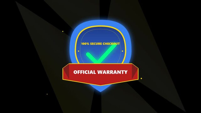 Animated security badge displaying green checkmark and official warranty text on dark background with glowing blue and red neon effects