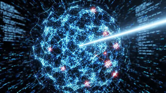 Futuristic digital scan of glowing pixel particles representing media verification and algorithmic deepfake analysis
