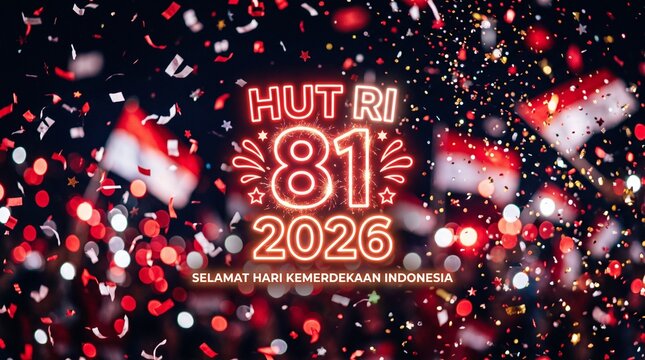 Indonesia 81st Independence Day Celebration Glowing Neon Text Banner with Confetti Bokeh