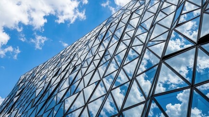 Fototapeta premium Modern Architectural Facade Reflecting Blue Sky and Clouds.