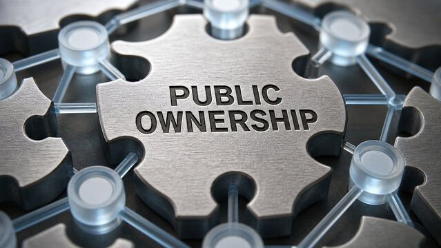 Metal puzzle piece labeled Public Ownership surrounded by connected nodes, illustrating government control, public assets, infrastructure, and collaboration.