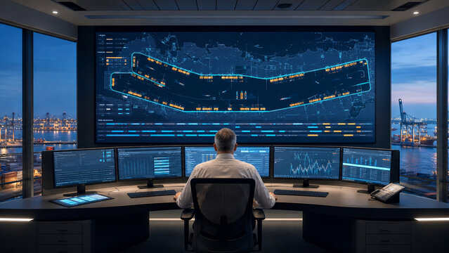 Operator monitors vessel logistics and port activity on multiple screens in a futuristic maritime control room overlooking a busy harbor.