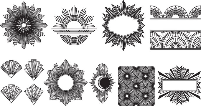 Deco style geometric sunburst decorative frames, fan shapes, and seamless patterns in black and white line collection