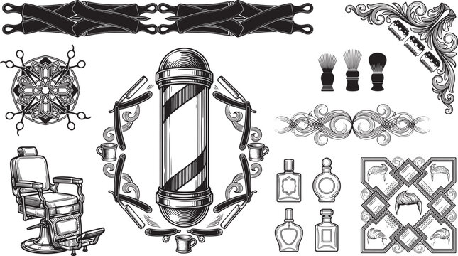 Barber shop tools and decorative set, featuring barber pole, straight razors, brushes, chairs, and perfume bottles in vintage line style