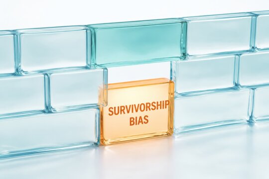 Survivorship bias concept shown with glass blocks and a highlighted orange block in a modern 3D scene
