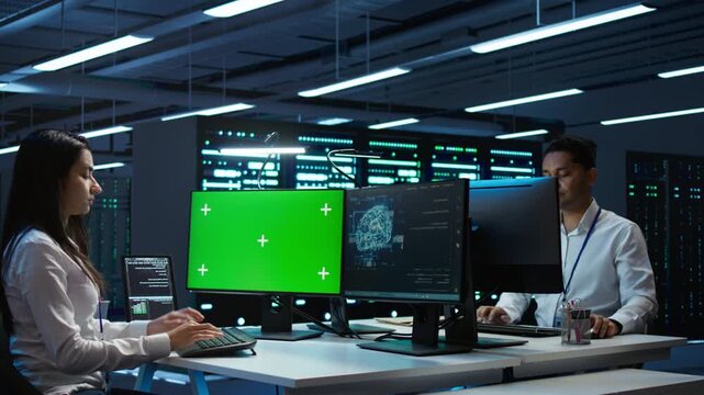 Inside a server hub, technician uses a replaceable screen device with a chroma key computer monitor, linking network security, data protection and screen replacement during system reliability work