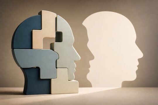 Human mind puzzle concept with face silhouettes and shadow
