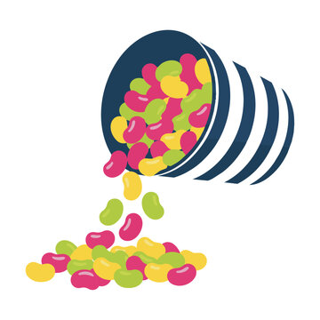 Playful magenta, lime green, and yellow jelly beans tumble from a navy and white striped bucket isolated on white. Graphic sweet treat concept