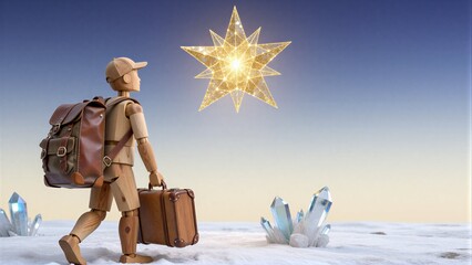Fototapeta premium Wooden traveler with suitcase gazes at glowing star amidst snowy crystals under twilight sky.