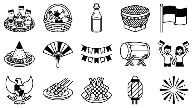 Indonesian Independence Day Icons: Garuda, Food, Flags, Drum, Fireworks & More