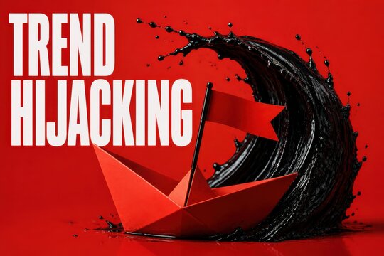 Trend hijacking concept with red paper boat and flag on bold black splash background