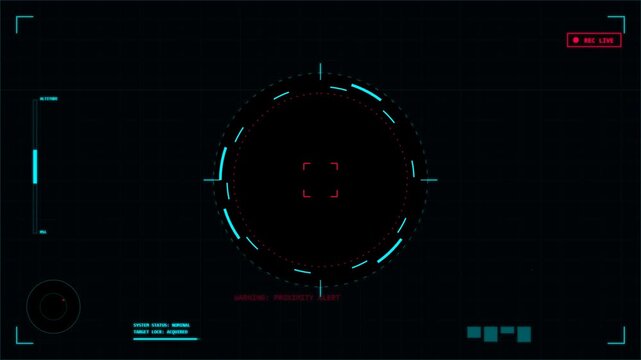 Animated futuristic user interface display featuring glowing cyan and red geometric targeting reticle elements rotating on a dark screen with digital data readouts and high-tech